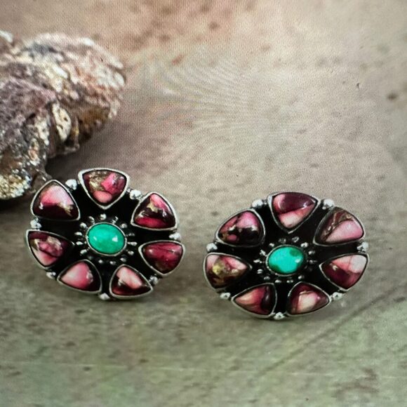 Handmade Sterling Silver Red Rose Dahlia With Emerald Valley, Post Earrings, Si - Picture 10 of 10
